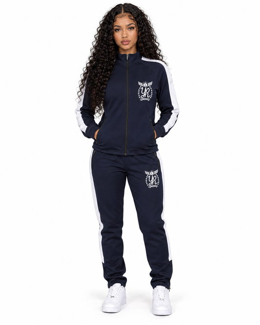 YUNG’N’RICH navy blue and white women’s zip tracksuit front full-body view