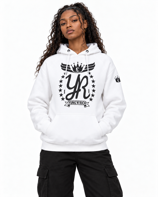 YUNG'N'RICH white women's pullover hoodie on female model, closer front detail view
