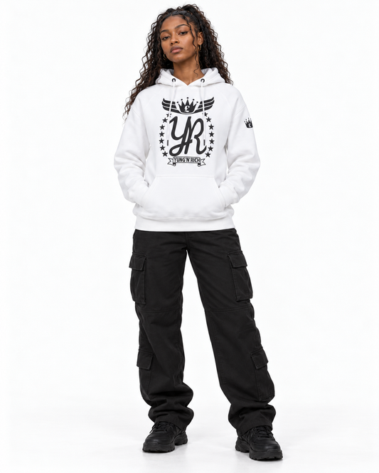 YUNG'N'RICH white women's pullover hoodie on female model, front full-body view