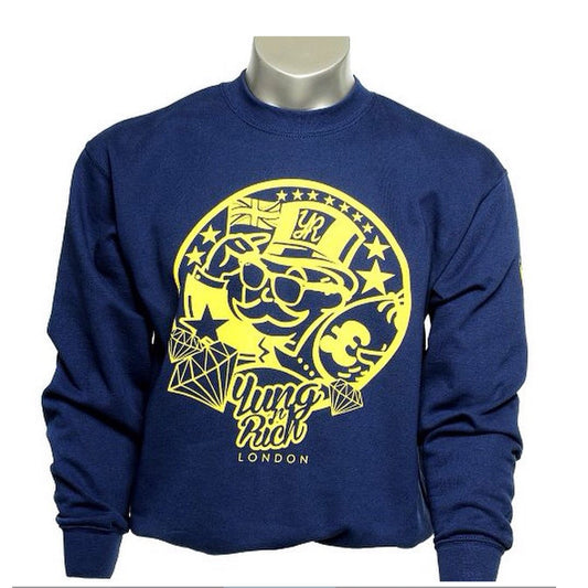 Navy blue sweatshirt with yellow graphic design on a mannequin against a white background