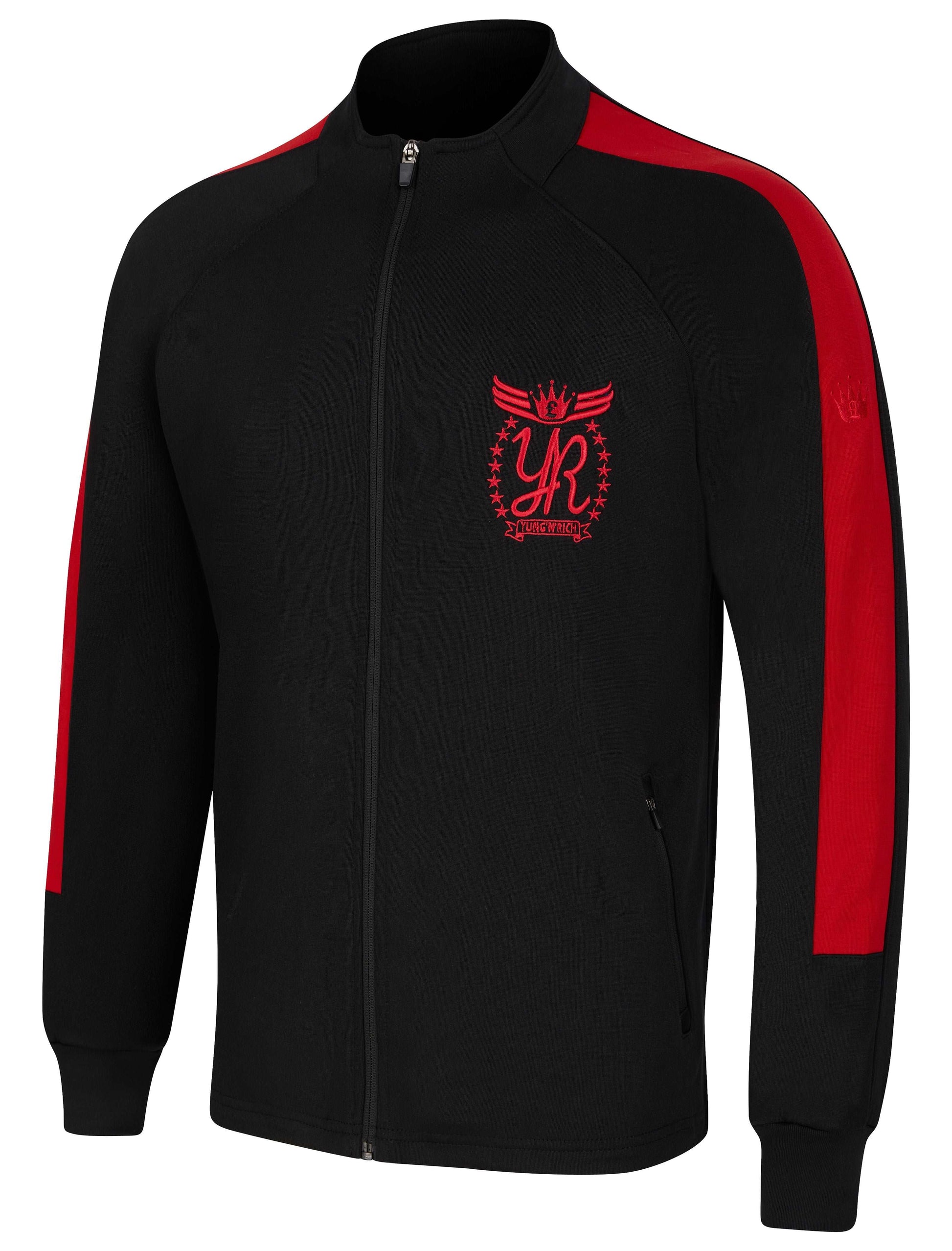 YUNGNRICH WOMENS FUNNEL NECK CONTRAST PANEL TRACKSUIT BLACK & RED TOP