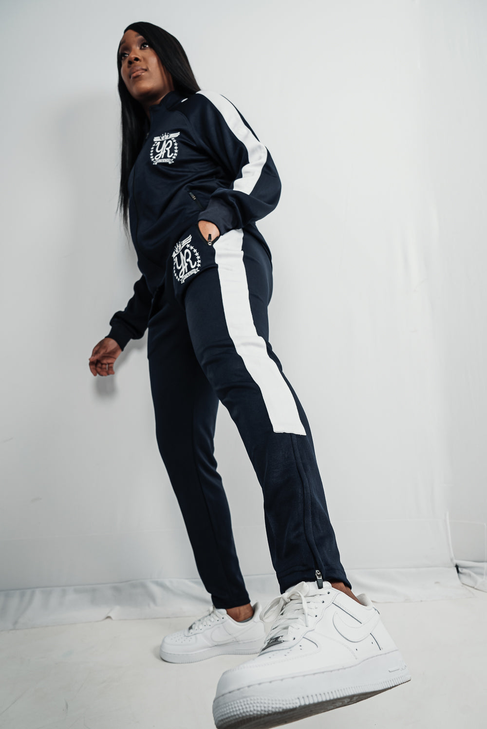 YUNGNRICH WOMENS FUNNEL NECK CONTRAST PANEL TRACKSUIT BLUE & WHITE