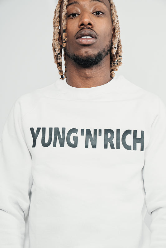 YUNG'N'RICH CREW NECK SWEATSHIRT male - colour white with black rubber Yungnrich wording  with black rubber Yungnrich crown