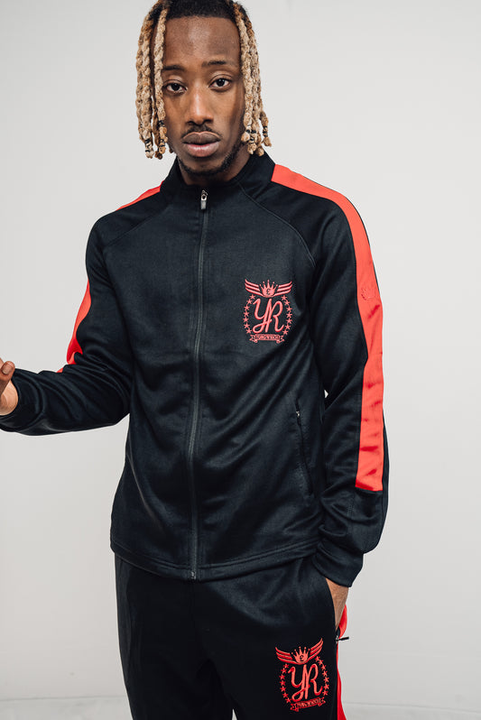 "A black and red YUNG'N'RICH Men's Funnel Neck Contrast Panel Stripe Tracksuit, featuring a fitted design with zip pockets, made with a blend of 90% polyester and 10% spandex, suitable for both men and women".