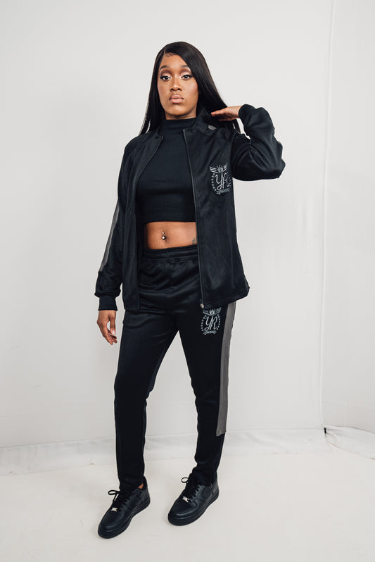YUNG'N'RICH WOMENS FUNNEL NECK CONTRAST PANEL TRACKSUIT BLACK & GREY