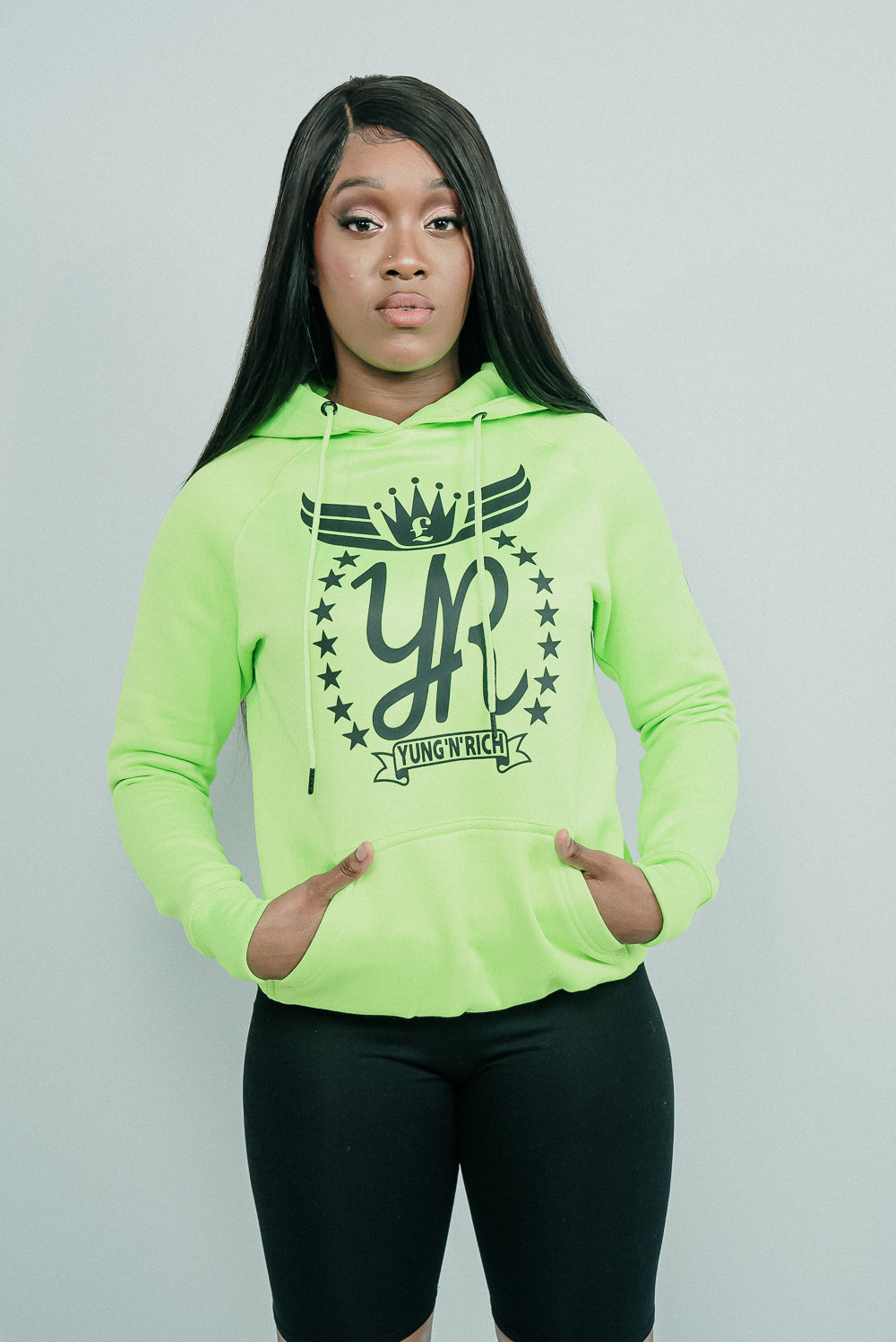 YUNG'N'RICH HOODIE - colour Neon Green with black rubber Yungnrich logo 