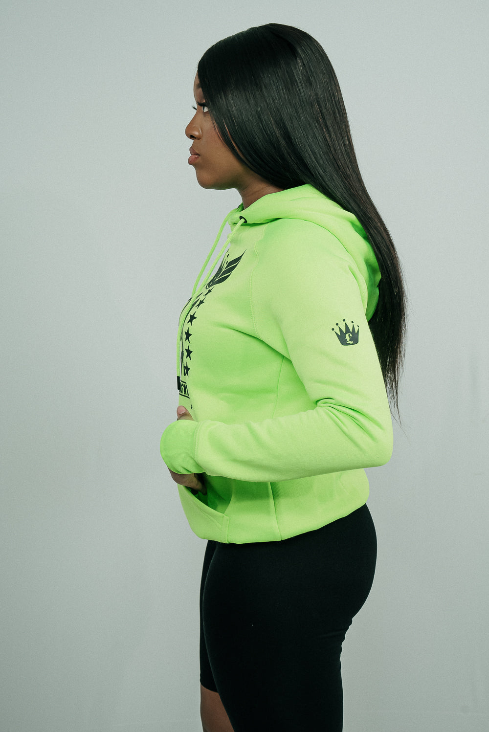 YUNG'N'RICH HOODIE - colour Neon Green with black rubber Yungnrich logo side view
