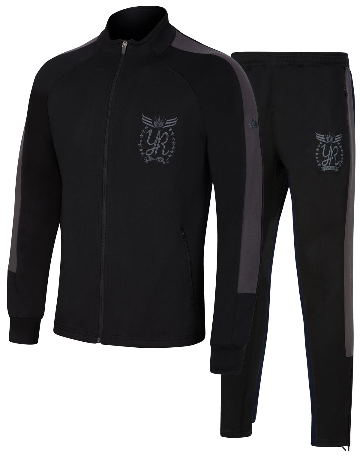 YUNG'N'RICH black and grey funnel neck contrast panel tracksuit