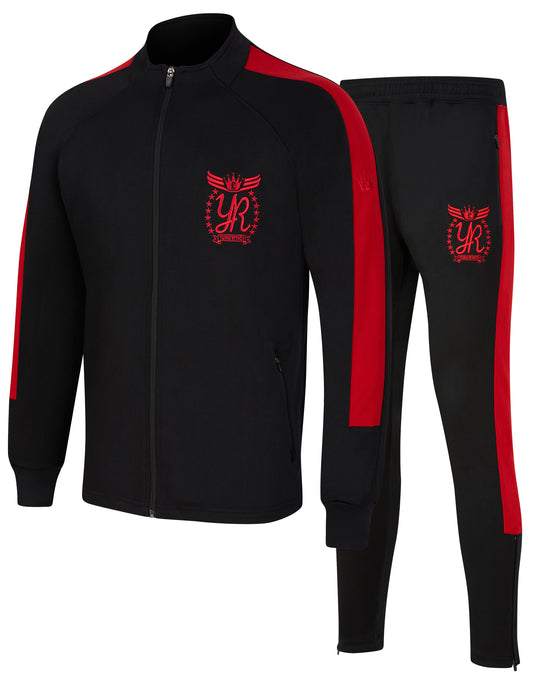 "A black and red YUNG'N'RICH Men's Funnel Neck Contrast Panel Stripe Tracksuit, featuring a fitted design with zip pockets, made with a blend of 90% polyester and 10% spandex, suitable for both men and women".