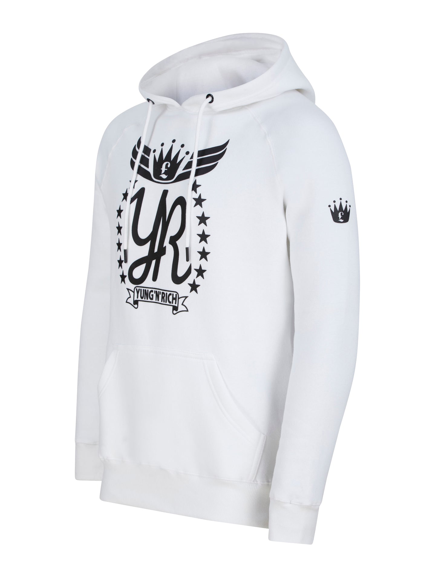 YUNG'N'RICH Hoodie White side view with crown on sleeve