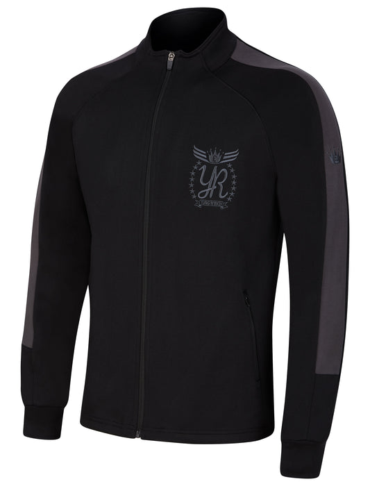 "YUNG'N'RICH Men's Funnel Neck Contrast Panel Stripe Tracksuit in black and grey, featuring bold contrast panel stripes and a unique funnel neck design. Perfect for everyday wear and travel."