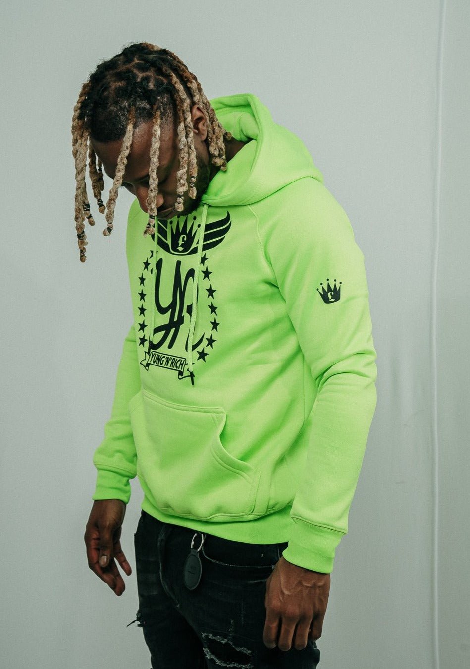 YUNG'N'RICH HOODIE - colour Neon Green with black rubber Yungnrich logo side view