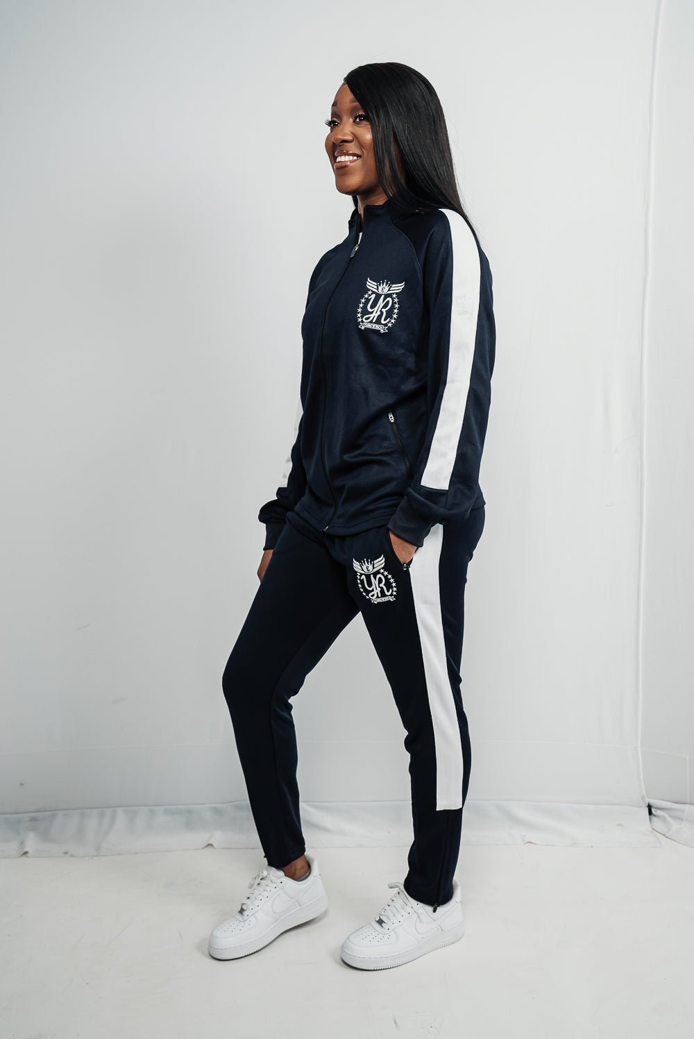 YUNGNRICH WOMENS FUNNEL NECK CONTRAST PANEL TRACKSUIT BLUE & WHITE